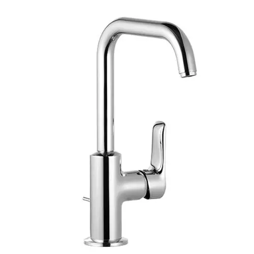 Edelstahl-Wasserhahn mit hohem Auslauf und schwenkbarem Arm, ausgestattet mit einem Hebel für die Temperatur- und Wassermengenregulierung.